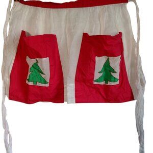 Kay Shannon Original Apron Vintage Christmas Tree White Red Sheer Tie Waist